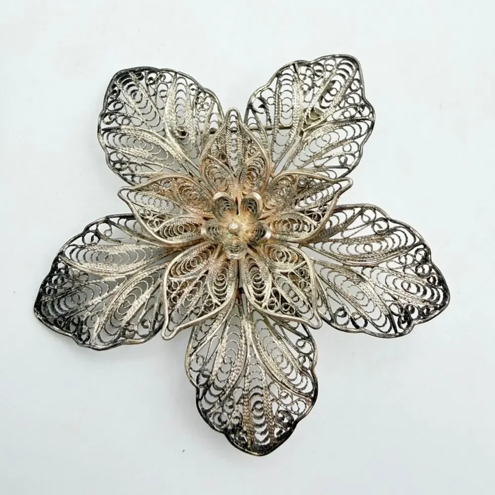 Antique Sterling Silver 925 Large Filigree Flower Brooch Pin Cannetille